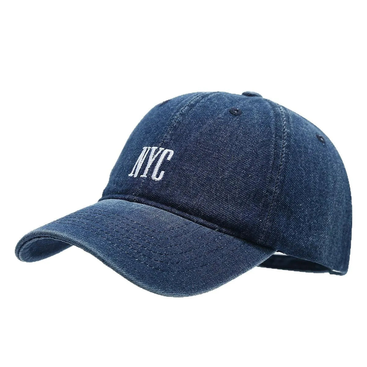 Light blue denim baseball cap with dome crown and printed alphabet letters on the front.