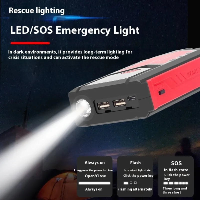 A03 portable 8000mAh car emergency jump starter power pack with smart battery clips and toolbox on white background