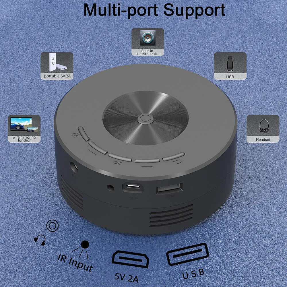 Black portable mini projector for children with mobile phone connectivity measuring 110mm x 110mm