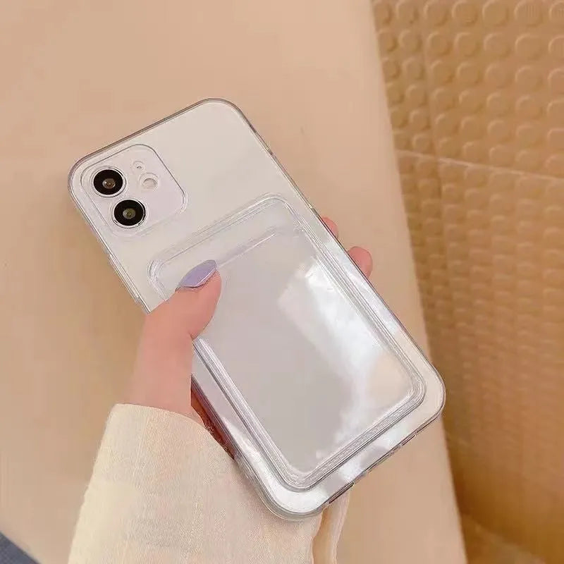 Clear transparent PVC phone case for iPhone with card slots on the back.