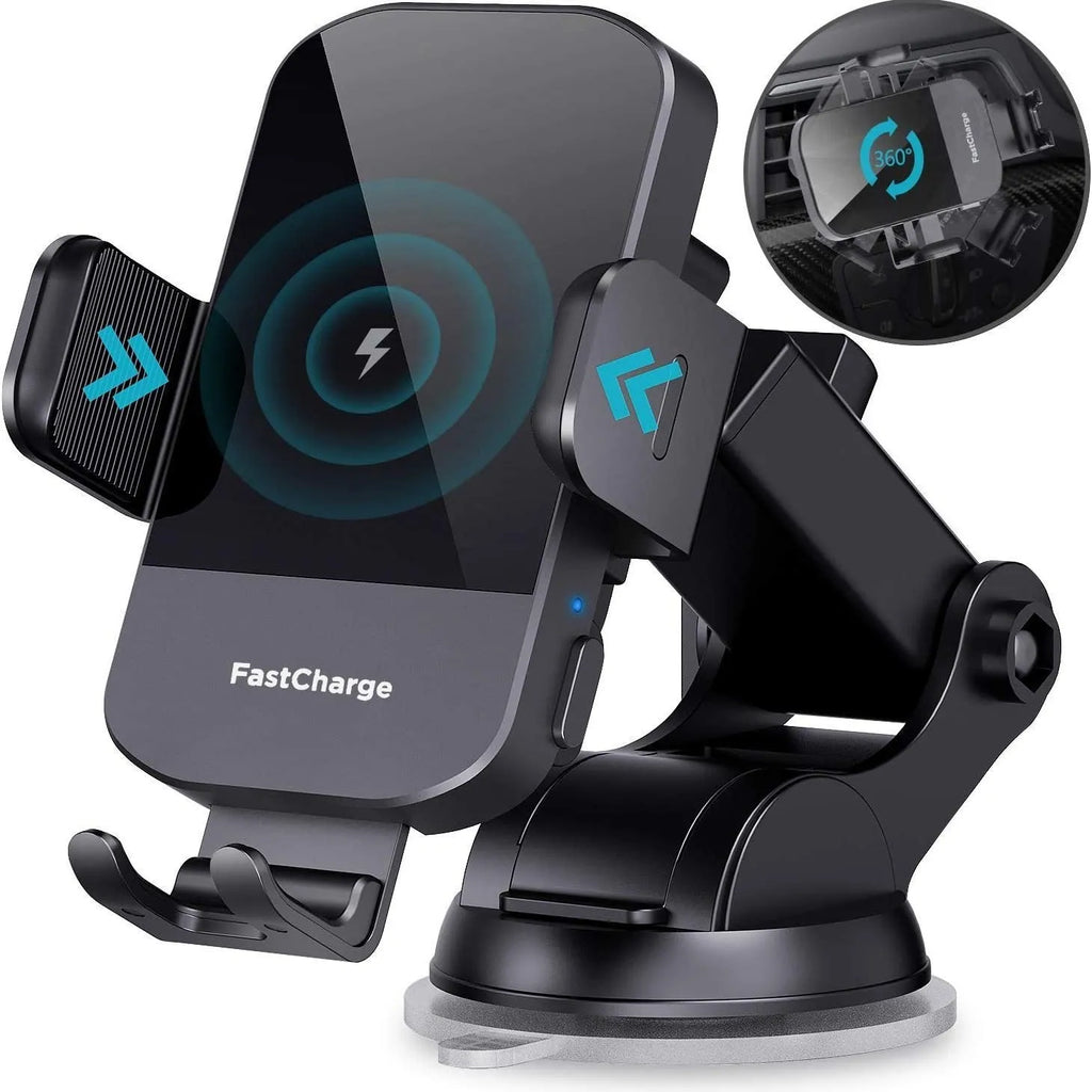 Black car dashboard wireless charging stand with 15W fast charging and air vent clip mount