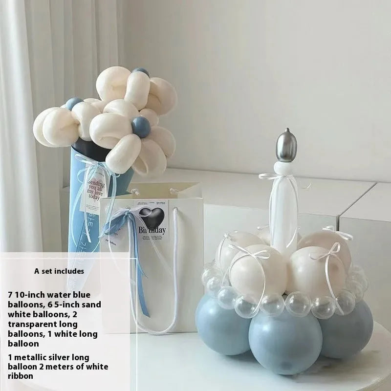 DIY balloon bouquet cake decoration kit with assorted balloons for creating a round cake topper.