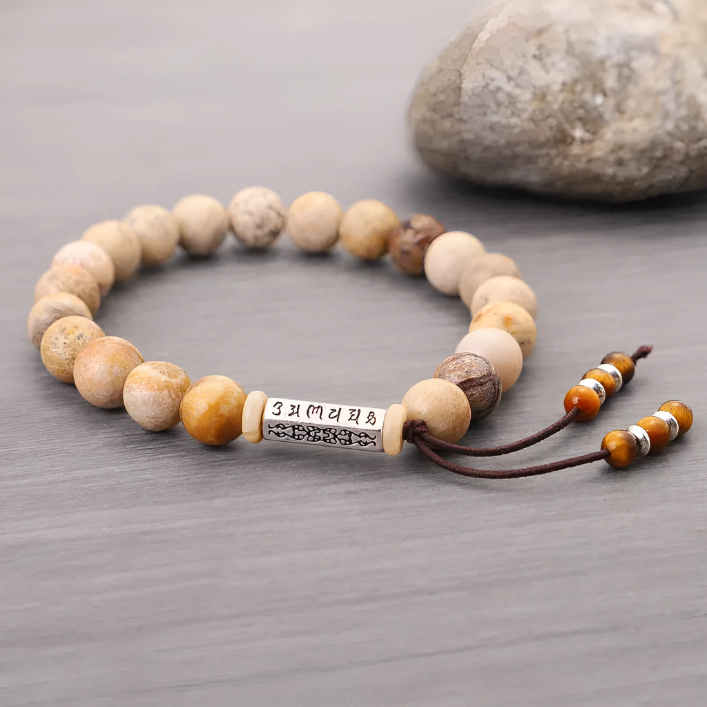 Handmade stone bead bracelet with wood colour finish in European American retro style