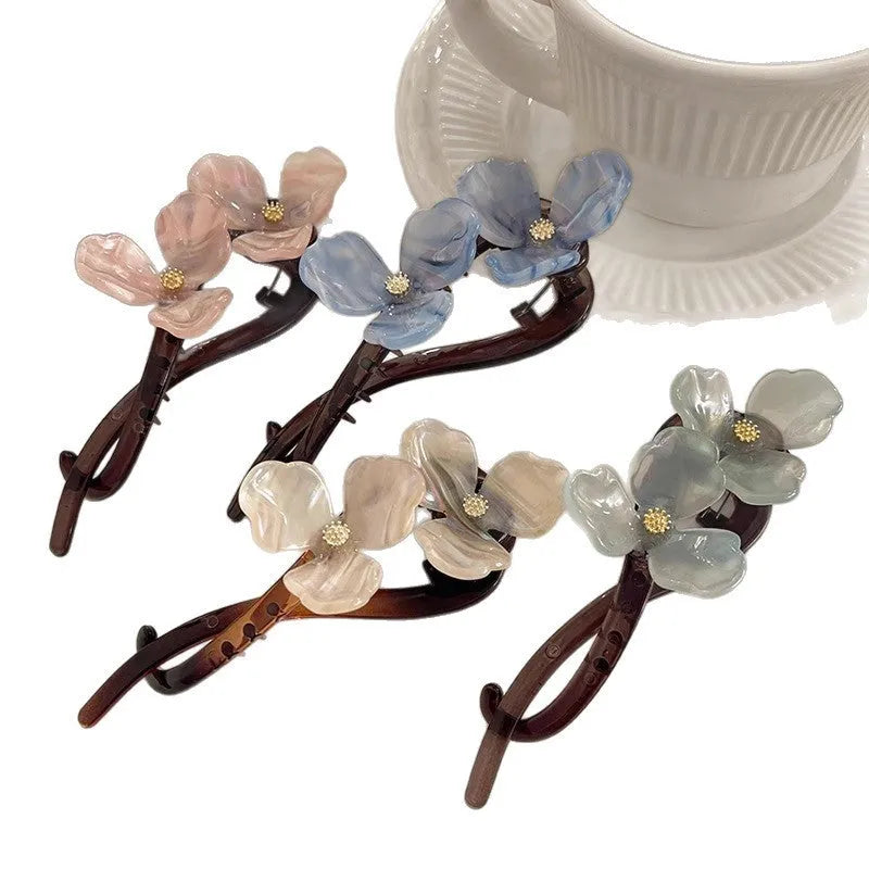 Retro flower back head updo bobby pin with acrylic petals in beige colour
