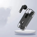 Transparent Bluetooth wireless earbuds with charging bin in pearl white colour