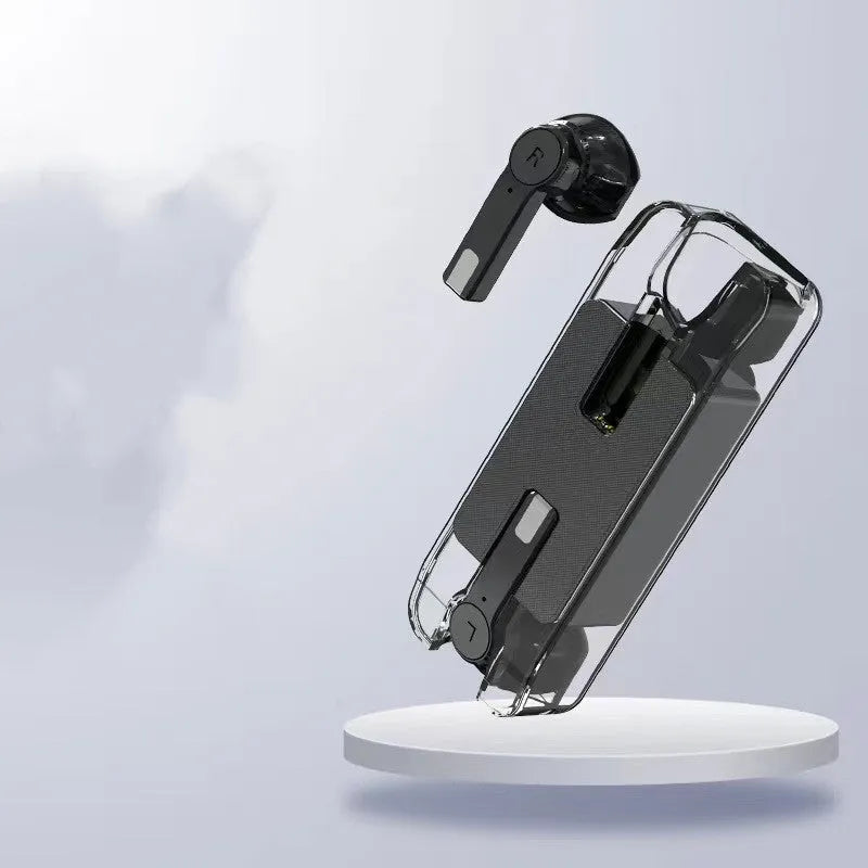 Transparent Bluetooth wireless earbuds with charging bin in pearl white colour