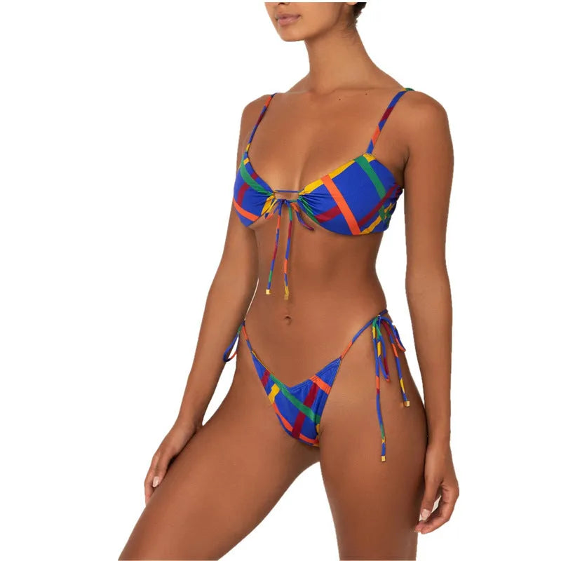 Drawstring bikini set in nylon bright cloth with glossy finish, available in S M L and nine colours