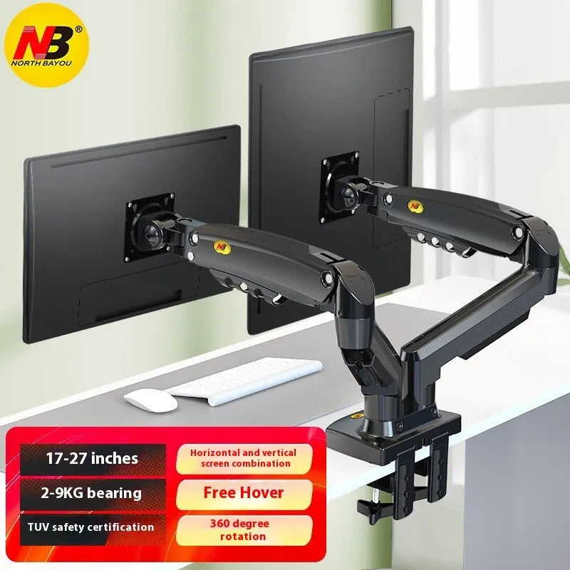 Dual computer monitor bracket with mechanical lifting mechanism on desktop