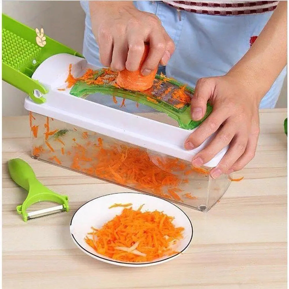 12-piece manual vegetable chopper set with stainless steel blades and green ABS plastic body