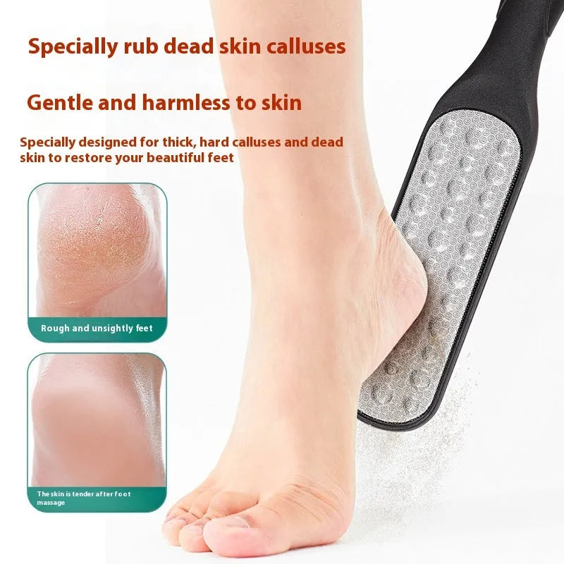 Stainless steel double-sided foot grinder with removable sandpaper foot gear.