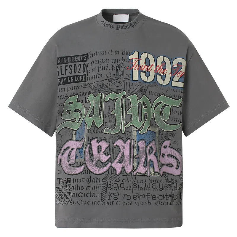 American retro graffiti letter print short sleeve t-shirt in pure cotton loose fit gray