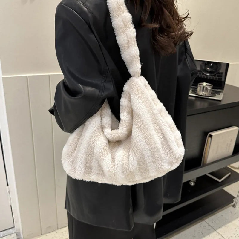 Large striped plush tote bag for women in black, green, orange, purple, or white, portable shoulder handbag.