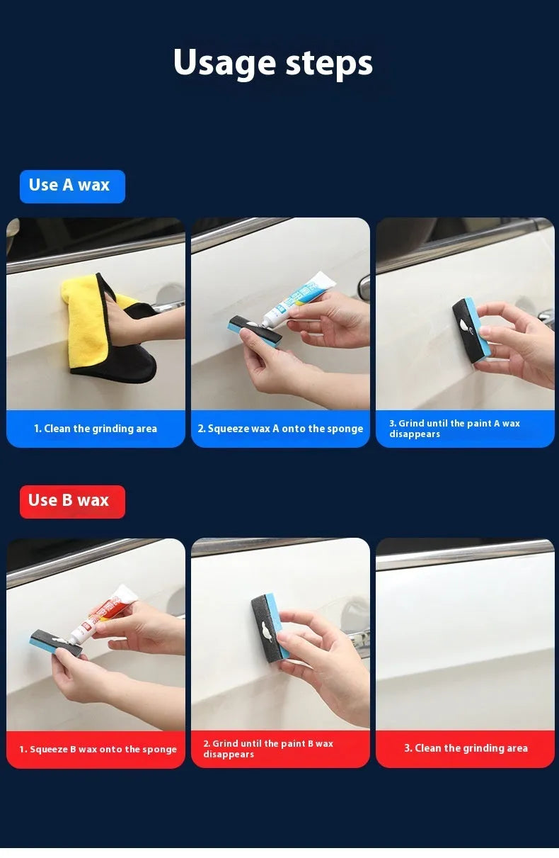 Car repair wax kit containing scratch removal A wax, brightening B wax, and frosted sponge mop