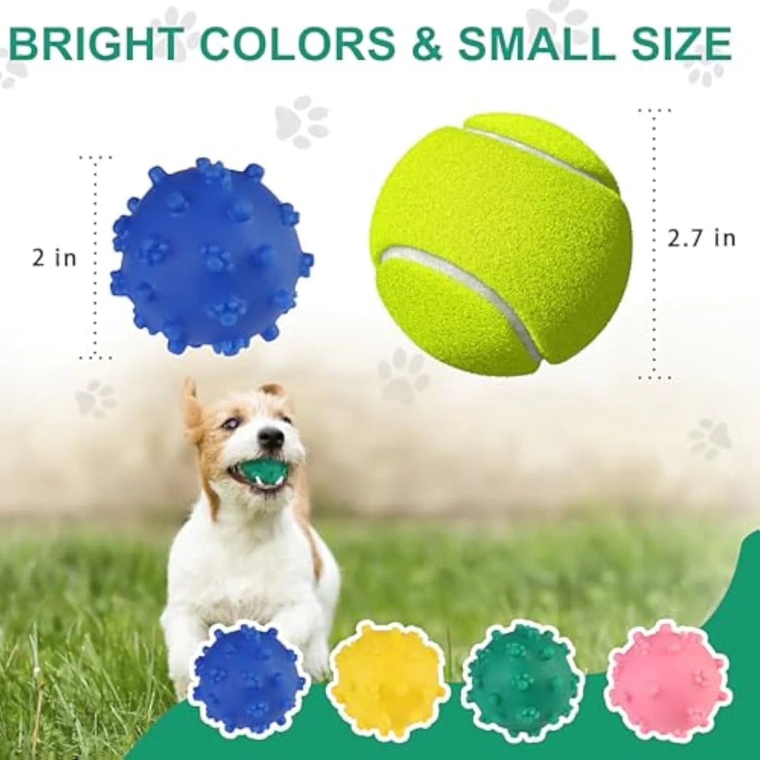 Four brightly coloured spiky dog toy balls with paw-print dimples, shown next to a small dog.