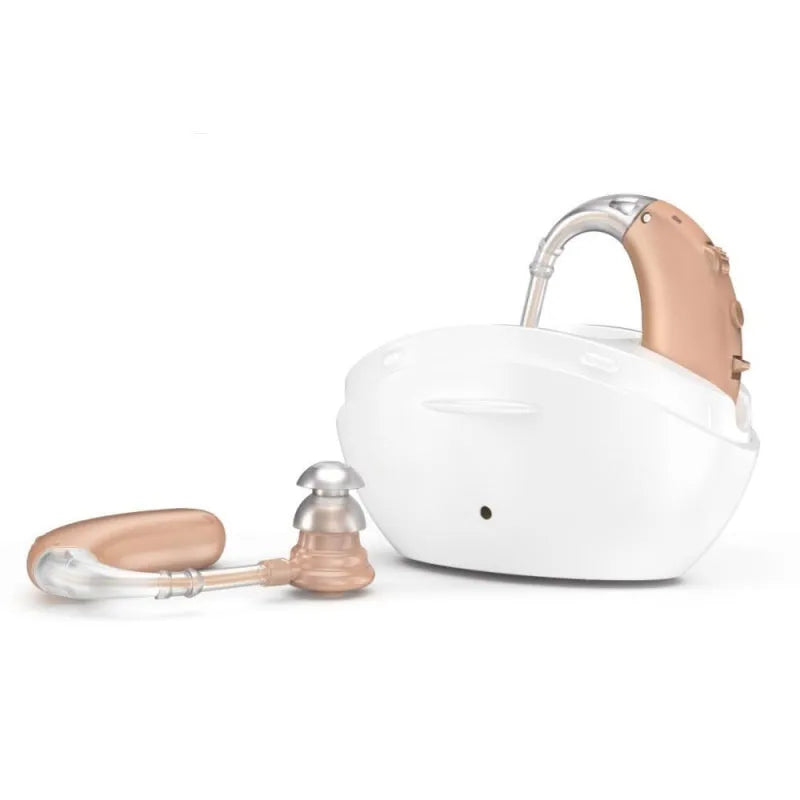 Beige rechargeable hearing aid with charger, USB powered, ear-back design for elderly