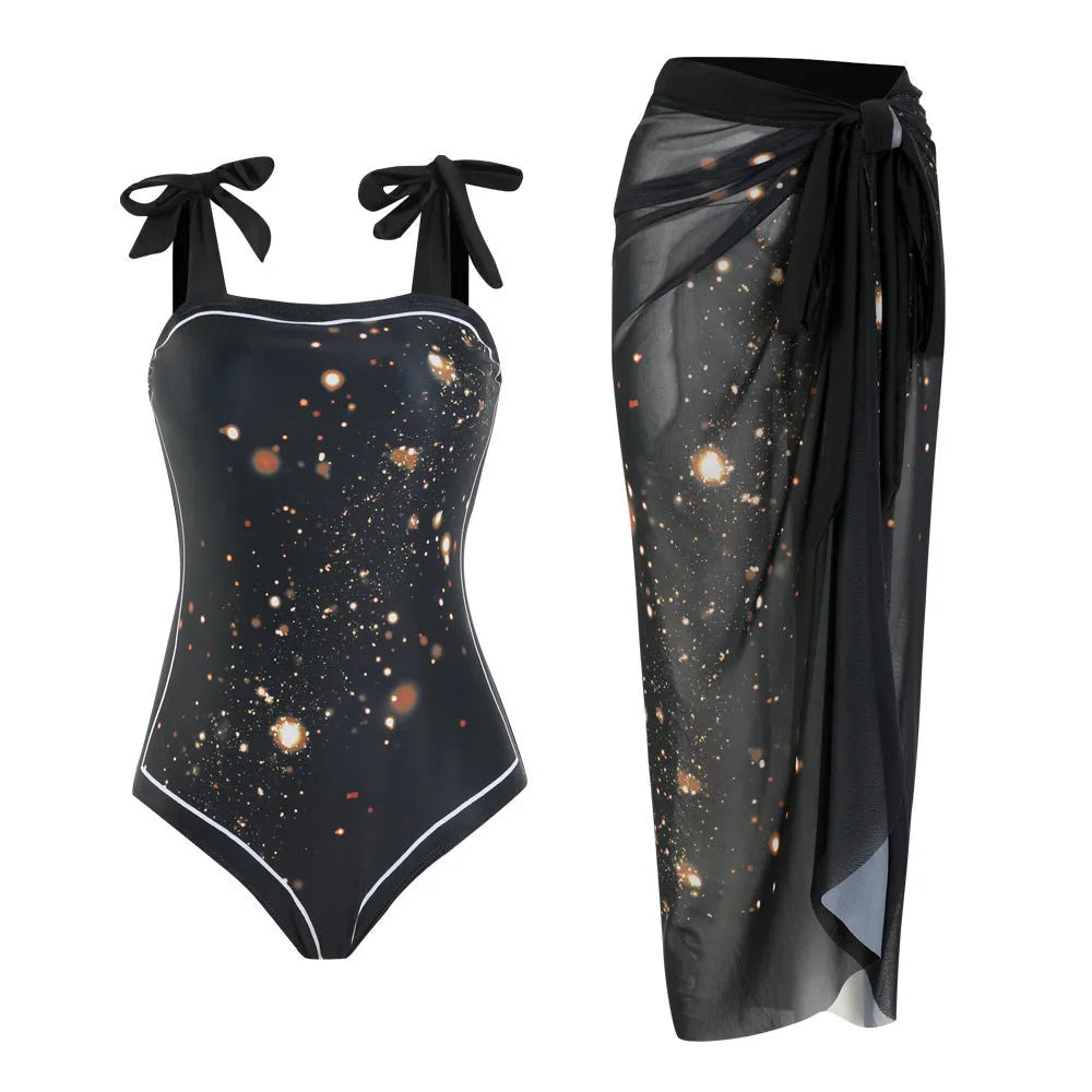 Floral pattern one-piece swimsuit with mesh tube top and matching skirt in brown print