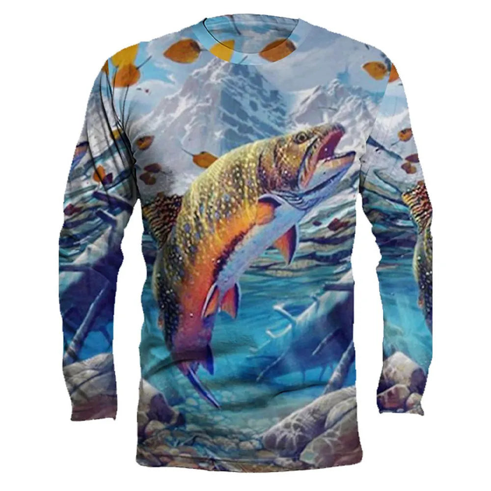 Men's milk silk pullover with fish print design showing round neck and long sleeves in available colours