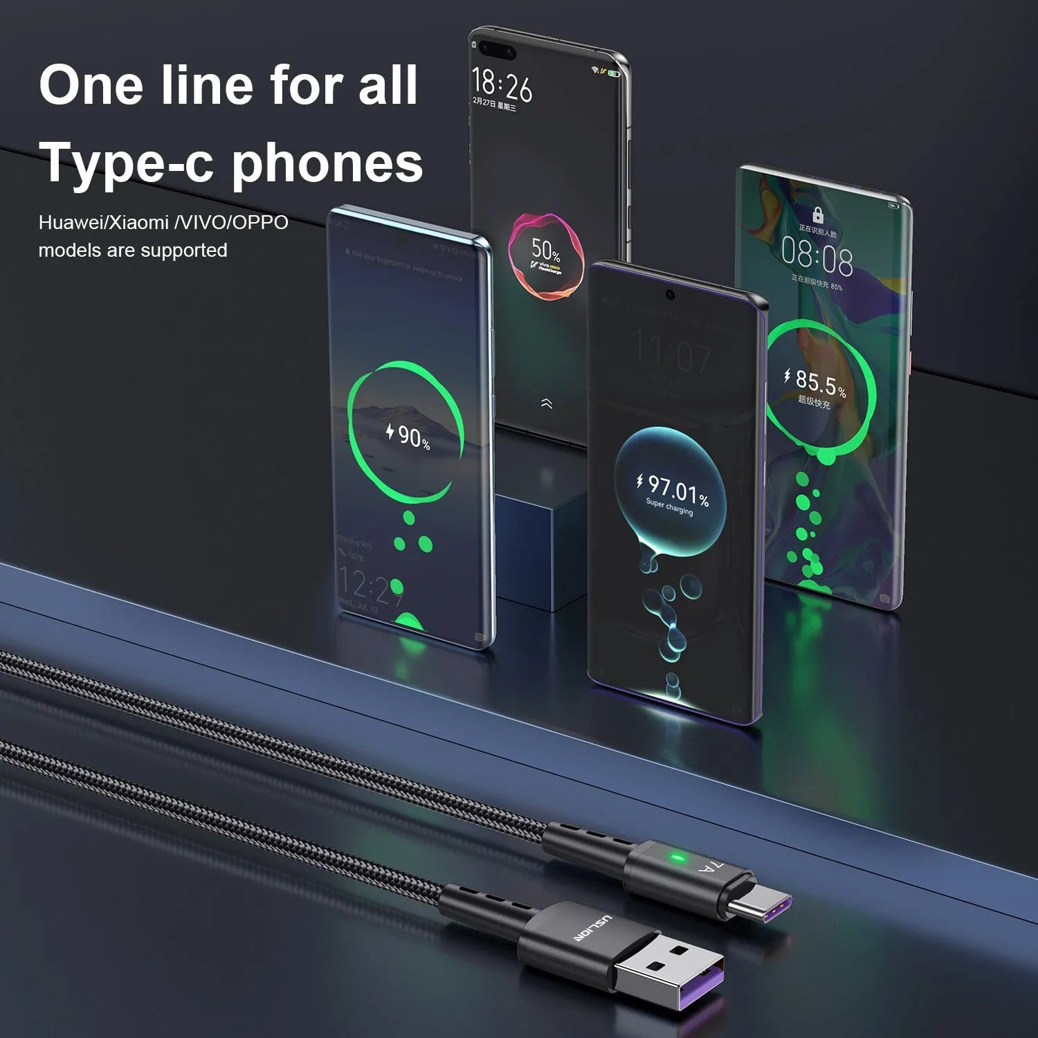 Braided Type-C charging cable 2 metres long, black nylon exterior with aluminium alloy connector and indicator light