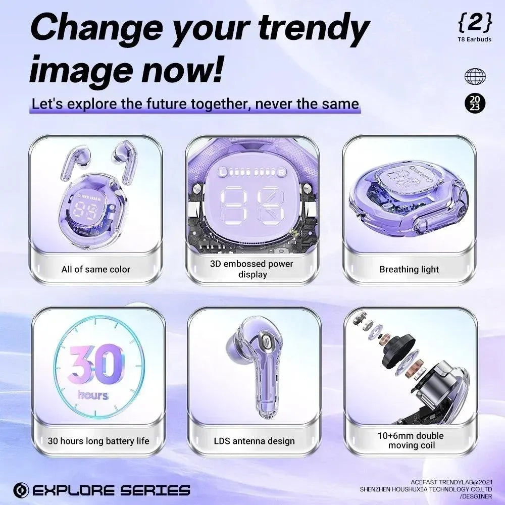 Transparent wireless Bluetooth in-ear headset shown in multiple colour options.