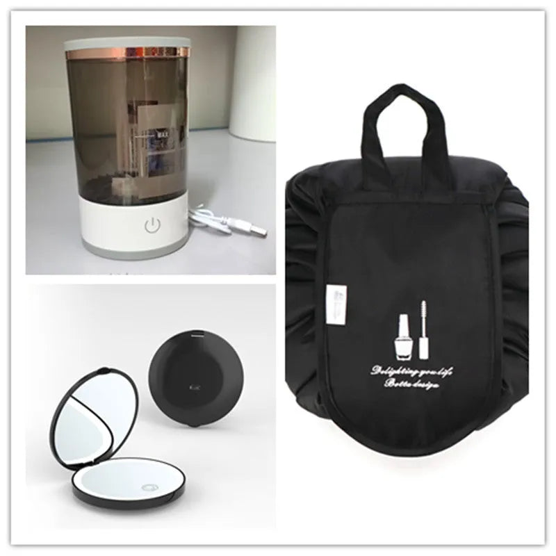 Grey and white electric makeup brush cleaner machine with USB cable on a white background