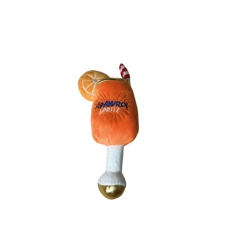 Yellow plush wine glass squeaky dog toy with teeth-cleaning features