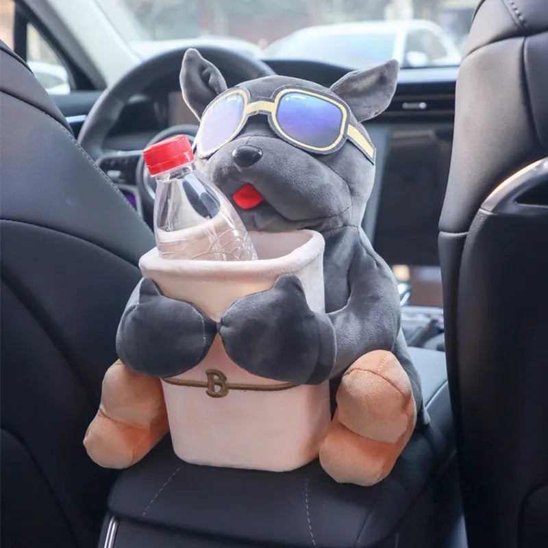 Plush fabric car tissue box hanging from vehicle armrest with dog-themed design options