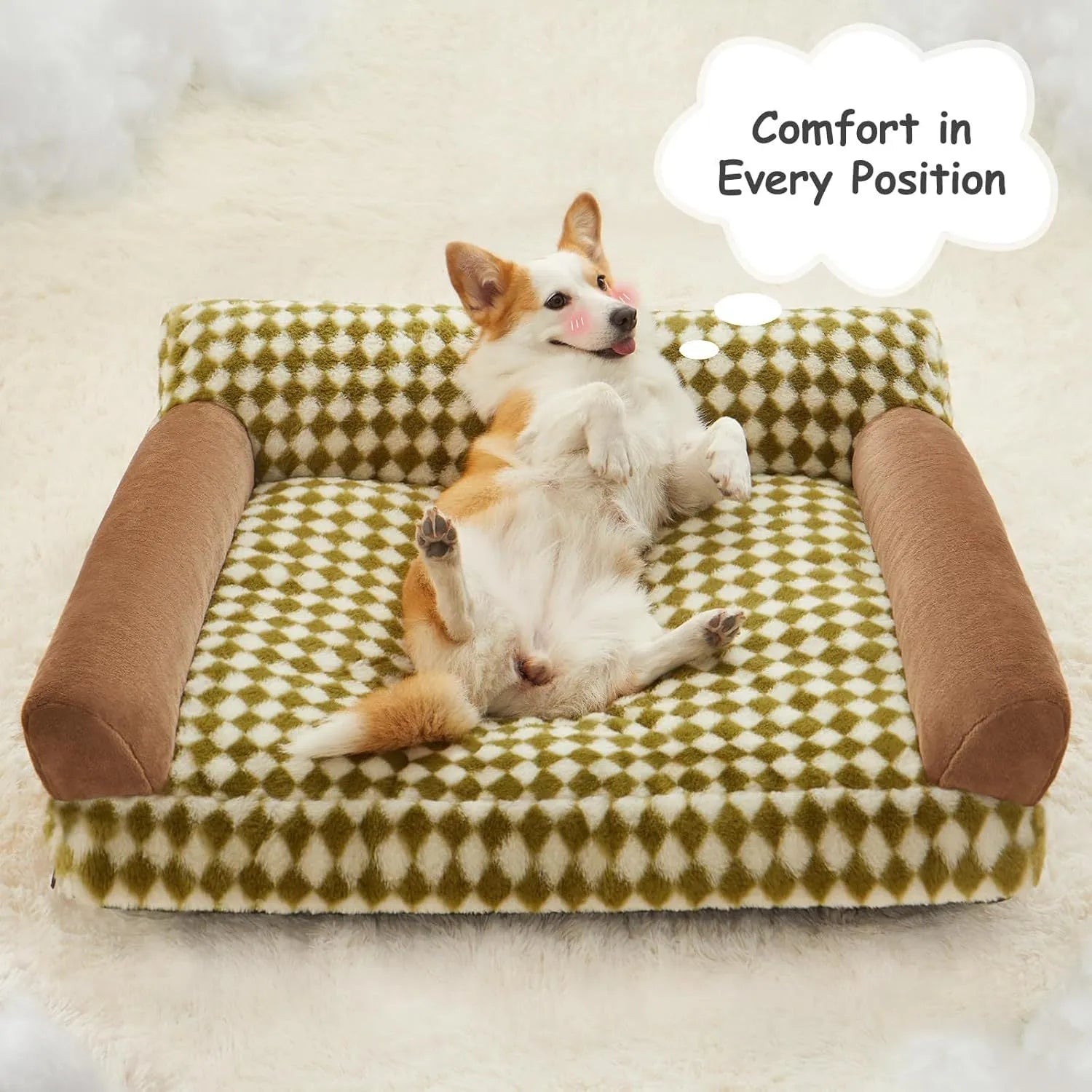 Pet couch bed for small dogs and cats with checkered pattern and non-slip bottom, white and grey, in a living room