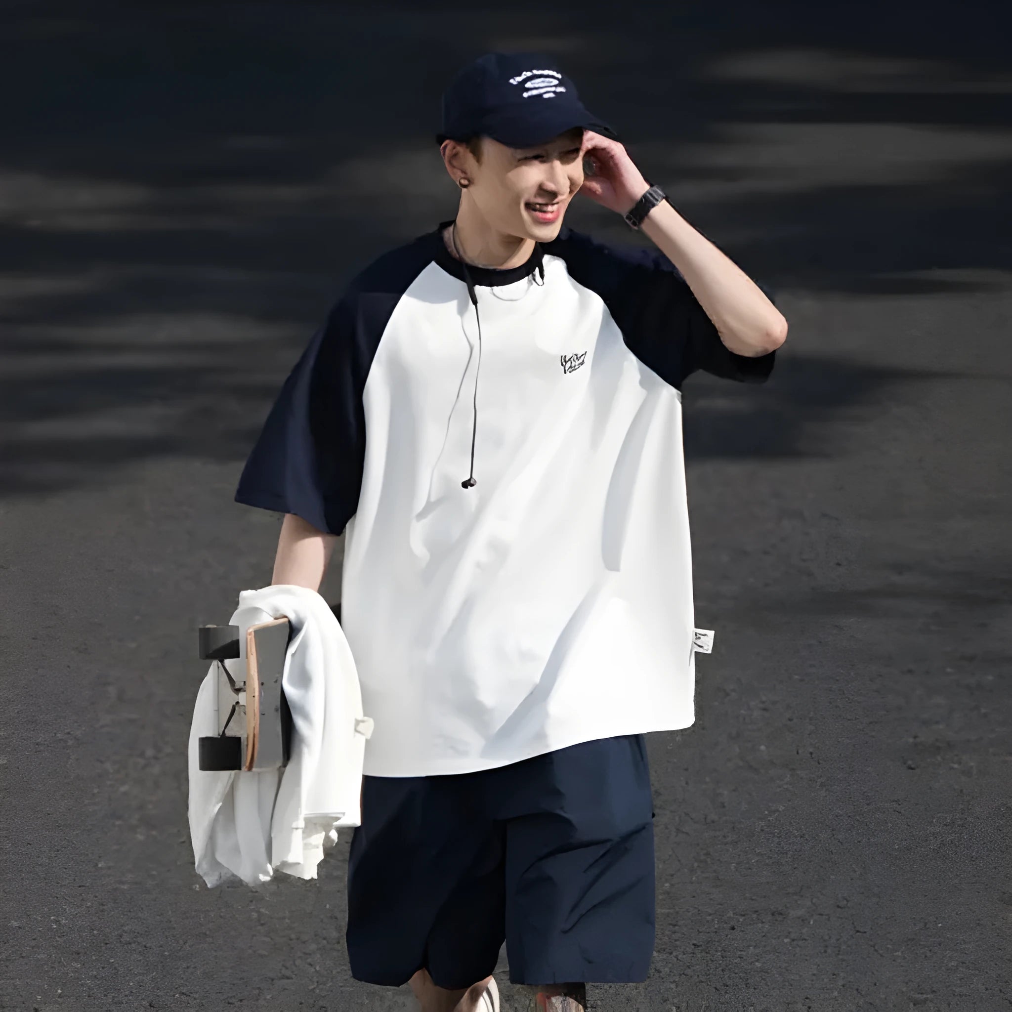 Men's blue casual Japanese-style T-shirt with raglan sleeves on a hanger