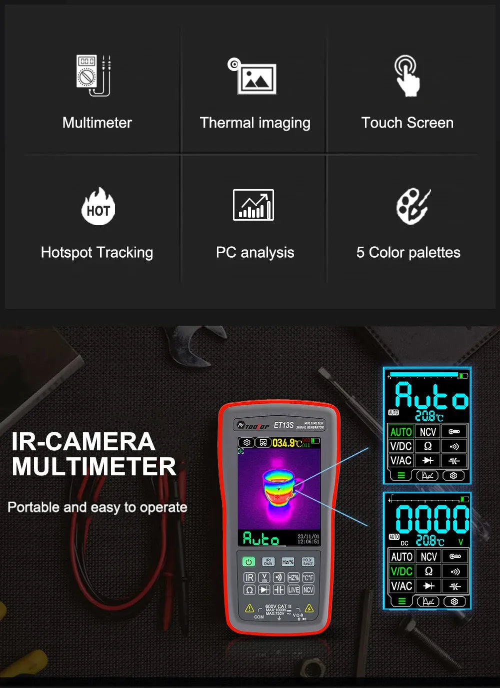 192×192 resolution thermal imaging multimeter with digital display showing thermal image and measurement readings