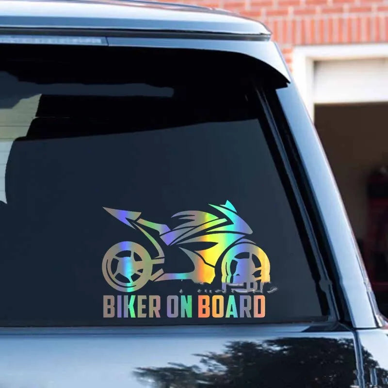 Motorcycle-themed reflective sticker on PET material in various colours and sizes.