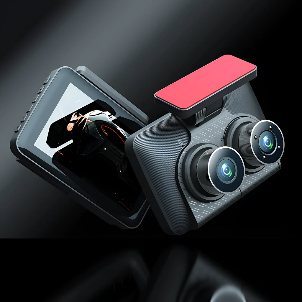 Black 4 inch touch screen car dashcam with wide angle lens mounted on windshield