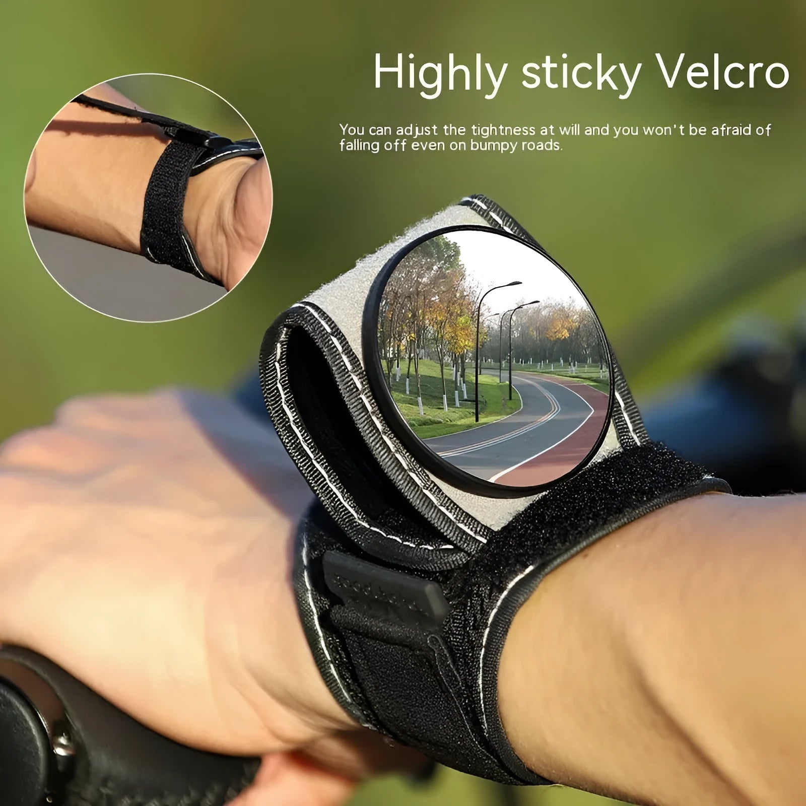 Black wrist-mounted bicycle rear-view mirror with adjustable nylon strap for cycling safety