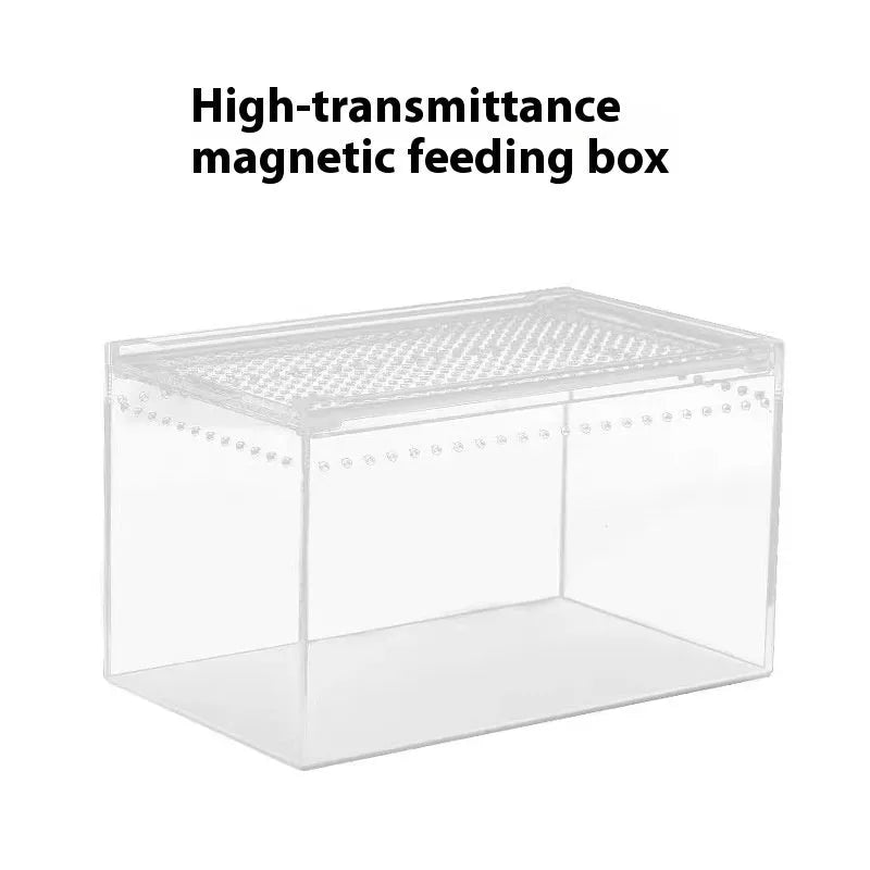 Transparent acrylic reptile feeding box showing ventilation design and clear PC construction