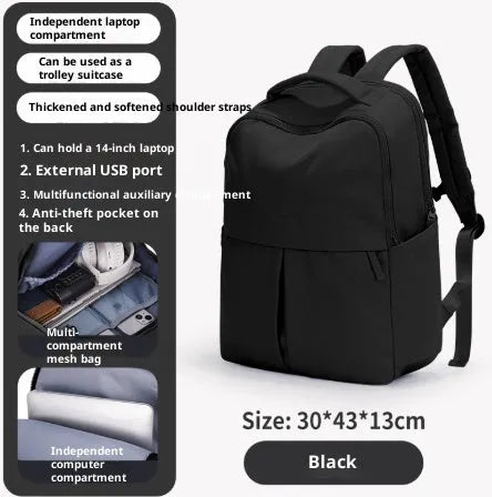 Women's lightweight nylon travel computer backpack in black with vertical square shape, 43x30x13cm