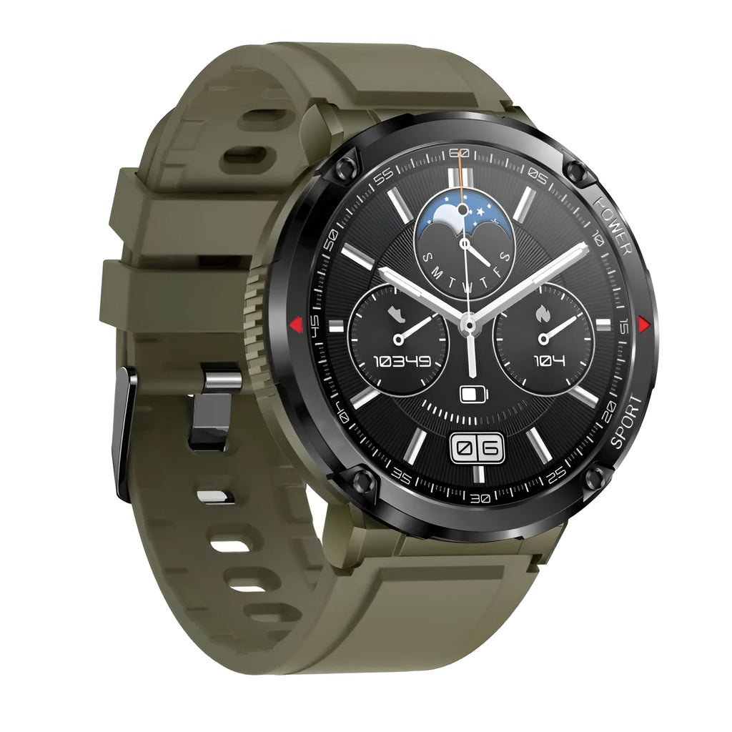 T30 smart watch with black silicone strap showing IPS touch screen displaying heart rate data