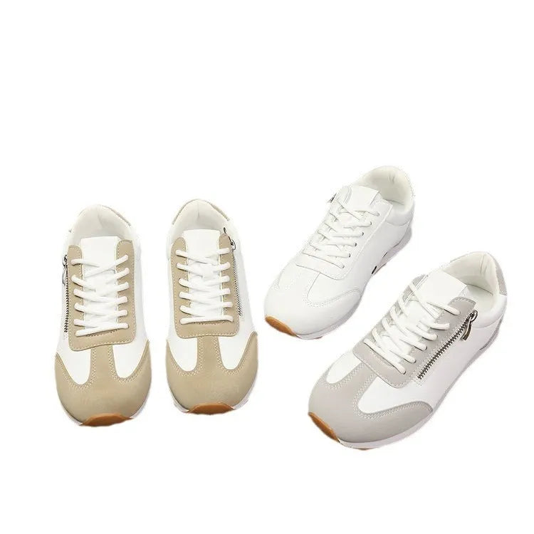Women's flat-heeled casual shoe in artificial PU, shown in grey, white, and champagne colour options.