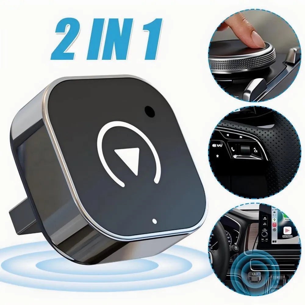 Black wired-to-wireless CarPlay box with USB adapter made from ABS and PC materials