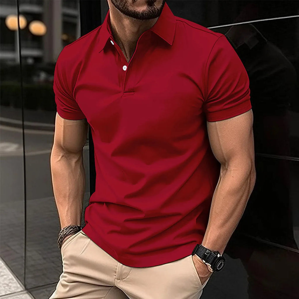 Men's solid colour short sleeve polo shirt with button lapel detail in cotton mix fabric
