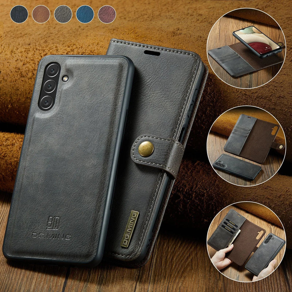 Magnetic wallet phone case for Samsung S22 S23 S24 S25 in black with kickstand and card slots