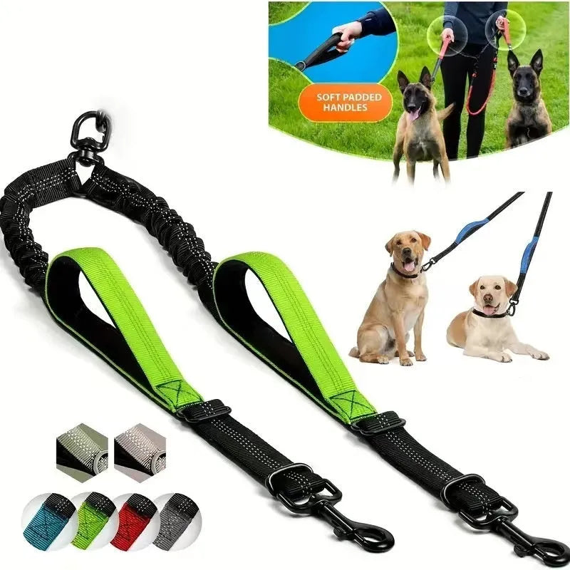 Hand-holding nylon dog rope for two large dogs, stretching double head and waist belt, available in multiple colours