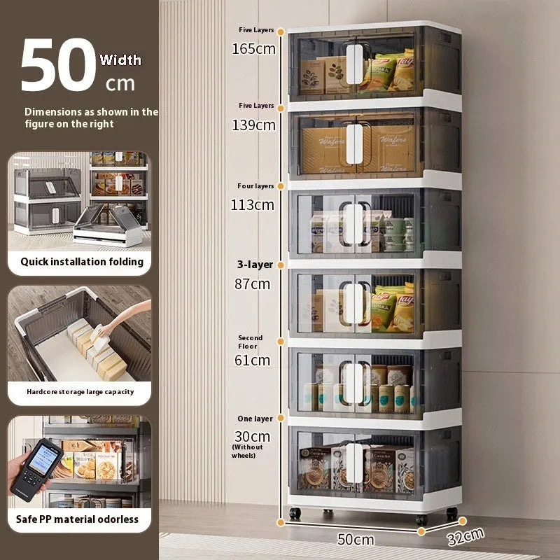 Foldable white household storage locker with wheels and multiple shelves