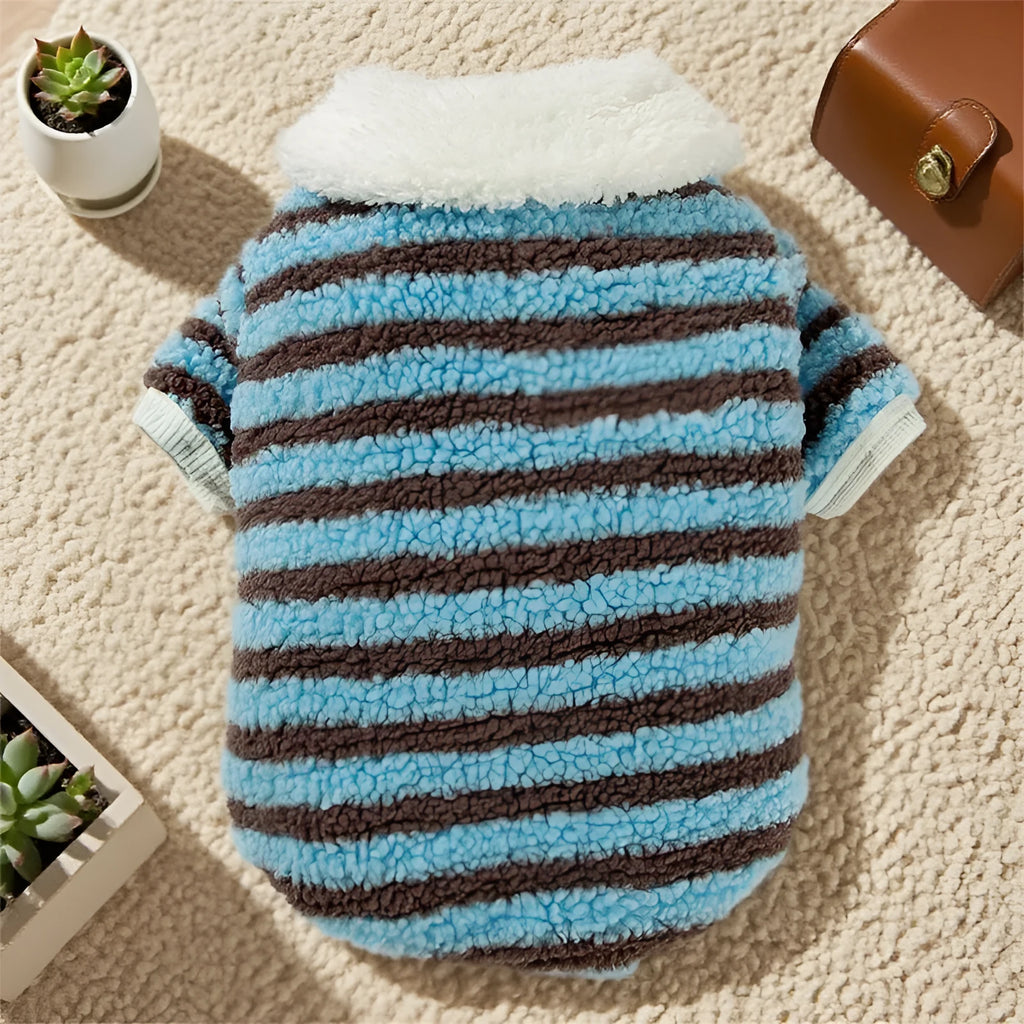 Soft plush blue-brown striped pet shirt button-down front on small dog warm winter fleece puppy sweater