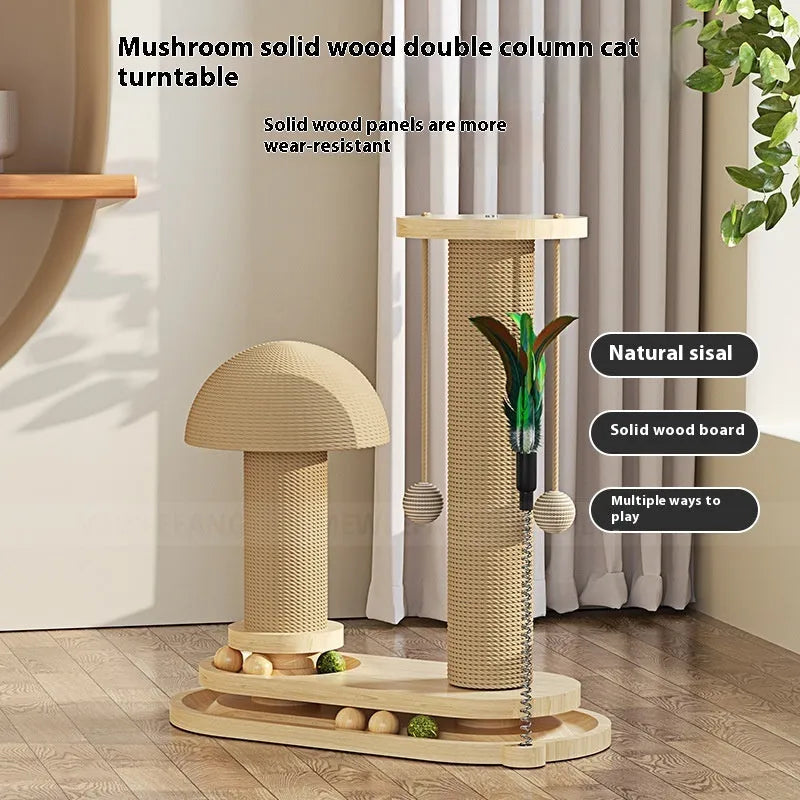 Solid wood cat scratching post with rotating turntable toy in basic style big flower pattern