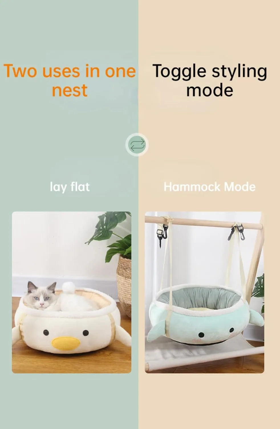 Green dinosaur chick design cat bed shown both flat and hanging, for small cats and dogs.