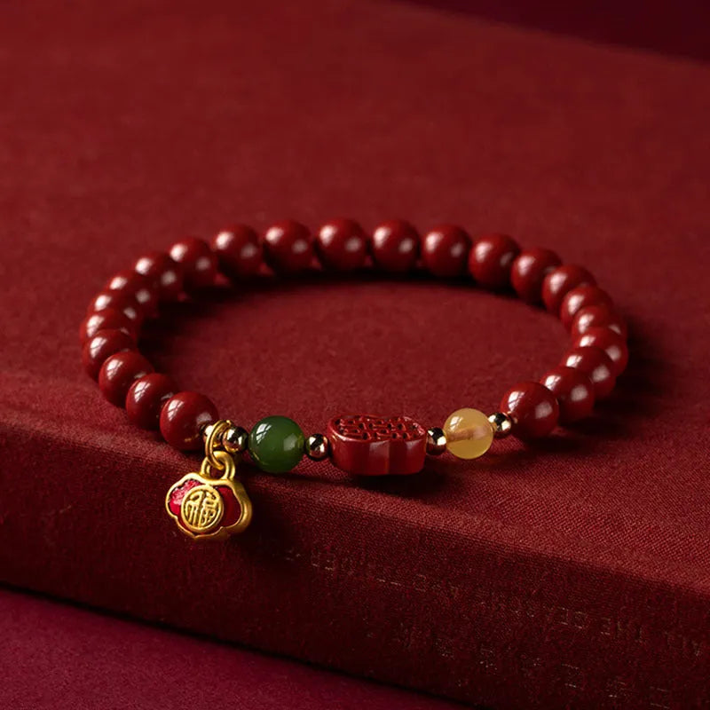 New Chinese style emperor sandstone happy eyebrow bracelet with cinnabar beads and fu character element