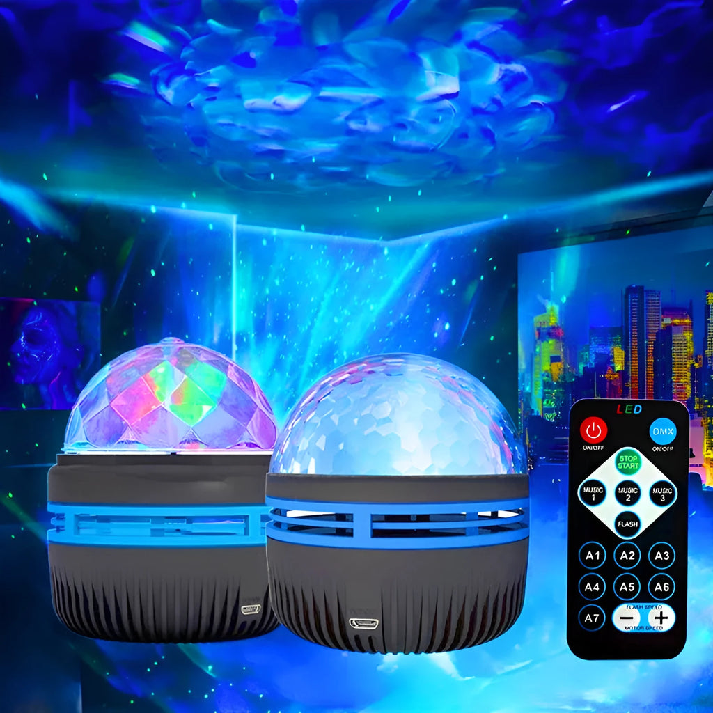 LED star galaxy projector lamp with removable acrylic shade on a table, showing USB cable.