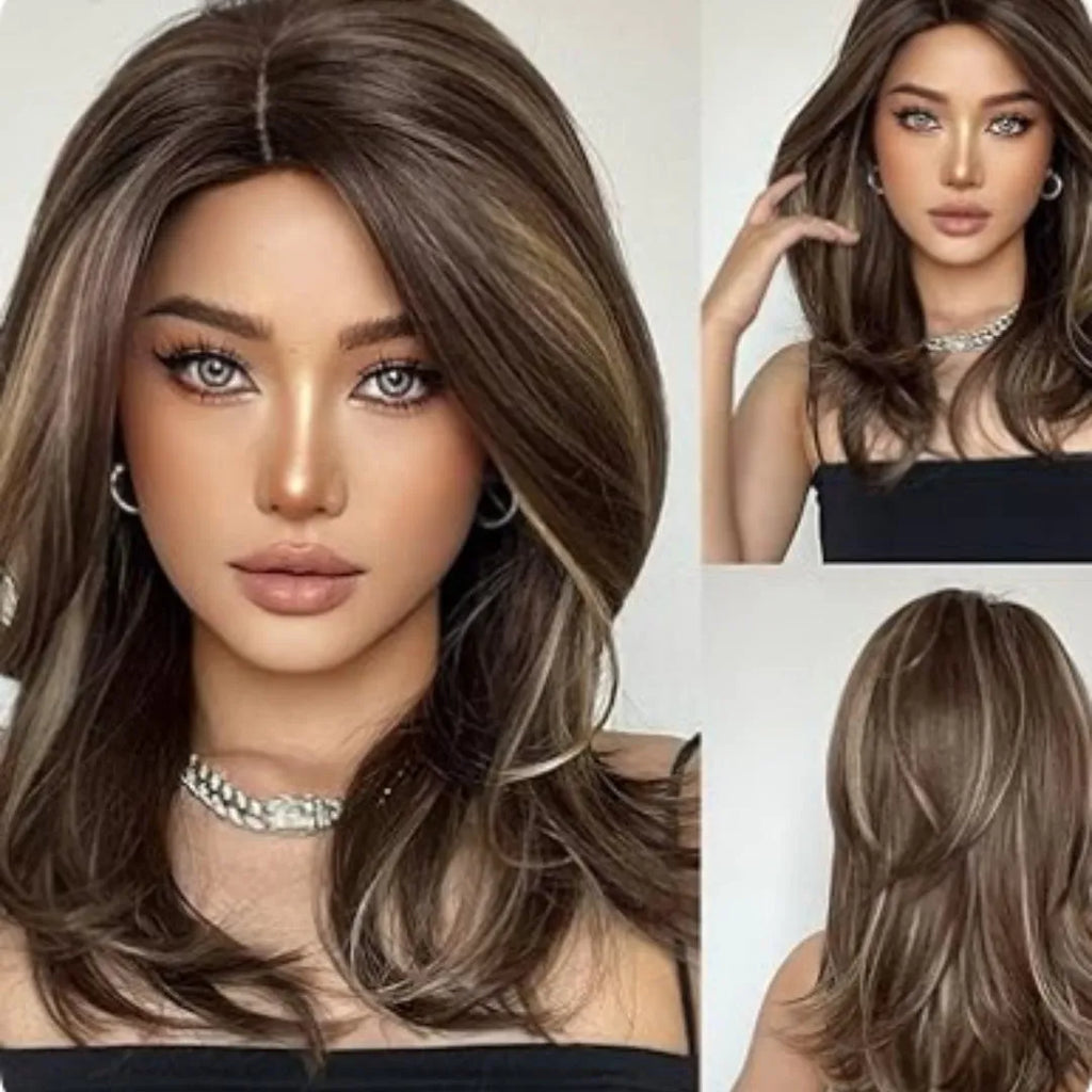 Mid-length curly full-head wig in platinum gradient colour with long bangs