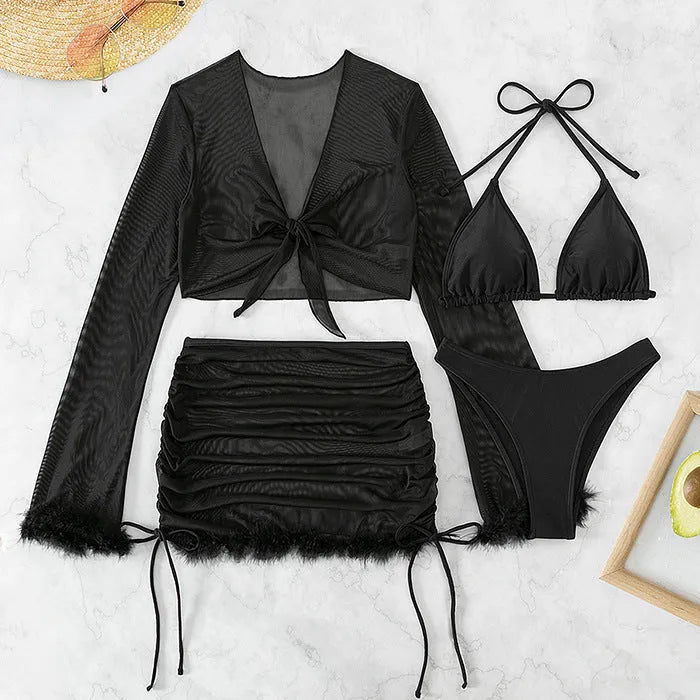 Black long sleeve women's bikini set with briefs style for swimming
