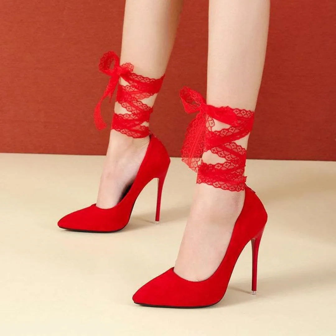 Black pointed toe stiletto sandals with fabric straps and 12cm heel