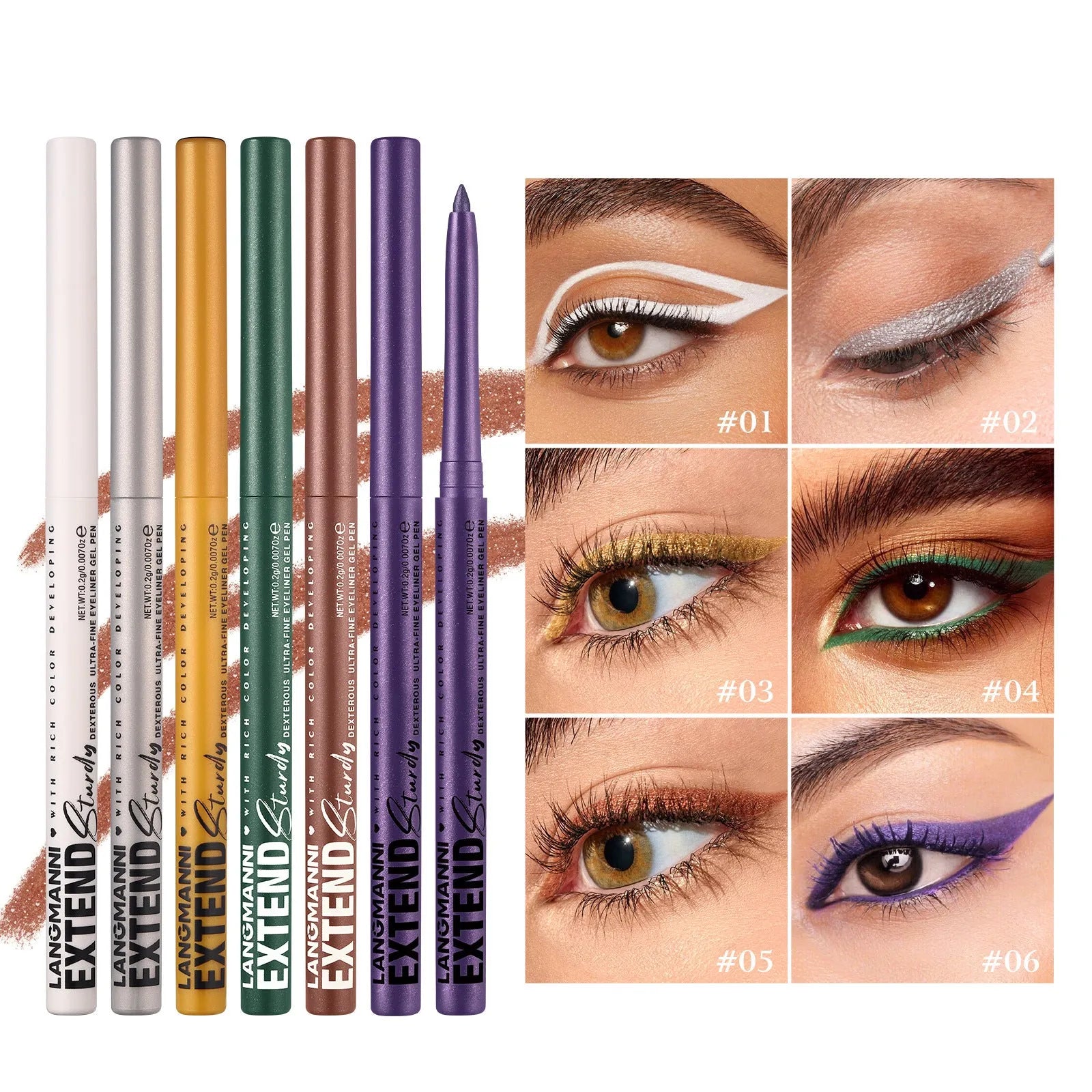 12 colourful gel glitter eyeliner pencils in waterproof formula with matte, glitter, metallic and pearl finishes